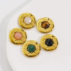 Rundanhänger Aus Edelstahl Mit Naturstein 14K Vergoldete Charms Für DIY Schmuckherstellung Halsketten Ohrringe