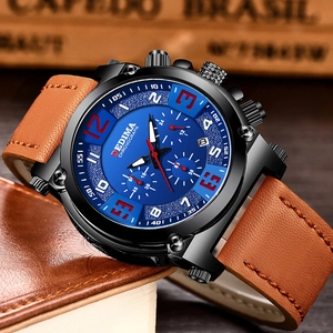 Close-up of DEDIMA chronograph watch with blue dial, luminous numerals and brown leather strap