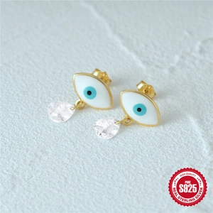 925 Sterling Silver Devil Eye earrings with gold plating and teardrop crystal pendants
