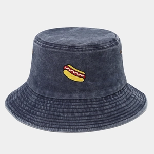 Washed dark grey bucket hat with hot dog embroidery and metal ventilation eyelets