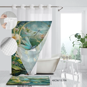 Rideau de douche libellule imperméable et tapis de bain antidérapant avec fleurs