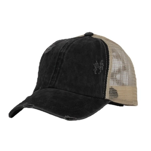 Close-up of distressed denim trucker hat with mesh back and ponytail hole detail