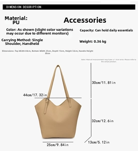 Detailed size guide and dimensions of large PU leather tote bag for office and commute