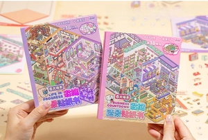 Detail of PET miniature landscape sticker book showing 18 sheets of 3D theme scenes