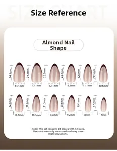 Guide des tailles pour faux ongles amande montrant 24 pièces en 12 dimensions
