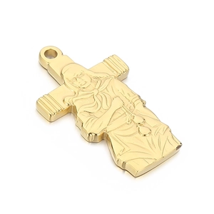 Polished gold stainless steel cross pendant featuring an embossed religious figure design
