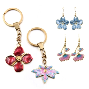 Detailed macro view of colorful enamel flower charms and keychains in a jewelry set
