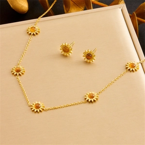 Elegant gold titanium tiger eye sunflower necklace and earrings jewelry set for women