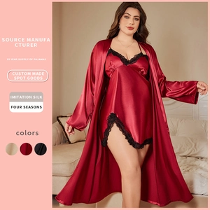 Nuisette Et Peignoir En Satin Grande Taille Pour Femmes Vêtements De Nuit En Satin Artificielle Dentelle Sexy