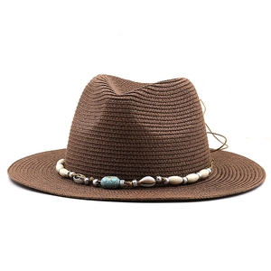Coffee brown straw fedora hat with bohemian shell and turquoise bead decoration band