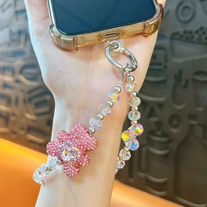 Sparkling pink rhinestone bear beaded phone charm lanyard for cute smartphone accessories