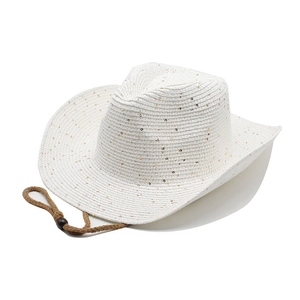 White woven cowboy straw hat with gold sequins and adjustable brown chin strap