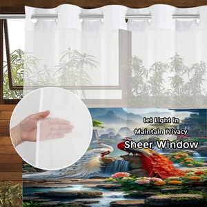 Detail of semi-sheer white curtain showing light filtering fabric and peacock landscape print