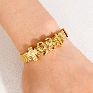 Golden 10mm stainless steel mesh bracelet with 1981 charm, cross, and anchor