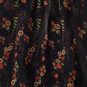 French floral chiffon dress with ruffled layers and vintage paisley print on black fabric