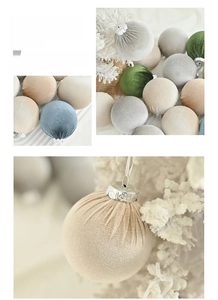 Detail of flocked velvet Christmas ornaments in Morandi colors with silver metal caps