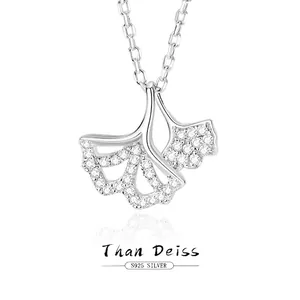 925 Sterling Silver Necklace With Micro Pave White Cubic Zirconia Double Ginkgo Leaf Pendant For Women Elegant Natural
