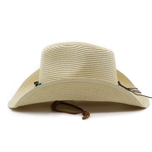 Detail of light beige straw cowboy hat with colorful beads and adjustable chin strap