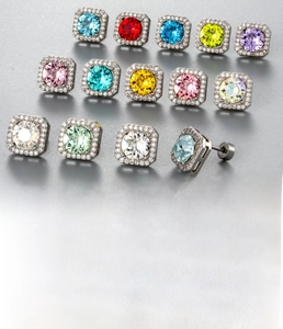 Detail of square zircon stud earrings in thirteen colors with titanium steel posts