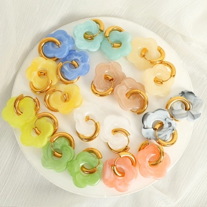 Colorful floral stainless steel hoop earrings in various marble acrylic petal finishes