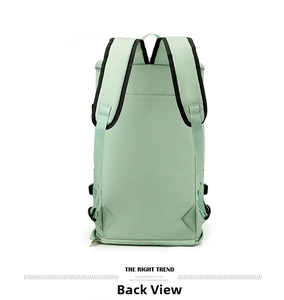 Back view of mint green fitness travel bag showing ergonomic shoulder straps and silver zippers