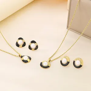 Gioielli Collana E Orecchini In Acciaio Inossidabile Vintage Francese Perla Artificial Di Conchiglia Smalto Nero Strass Stile Geometrico