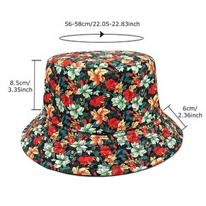 Floral print bucket hat with dimensions showing 56-58cm circumference and 6cm brim
