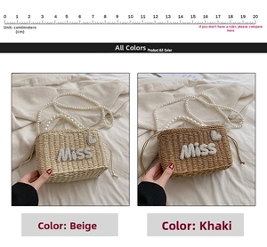 Detail of woven straw box bag with pearl Miss lettering and elegant pearl strap