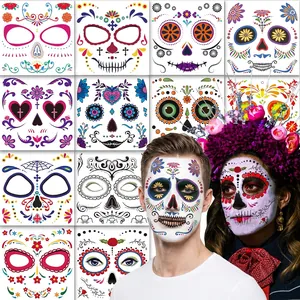 Face Tattoo Stickers Waterproof Halloween Day Of The Dead Sugar Skull Floral Design Cosmetic Grade Makeup Party