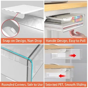 Transparent under-desk storage drawer made of PET plastic with handle and buckle