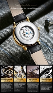 Detailed macro view of the automatic mechanical movement and transparent gold case back