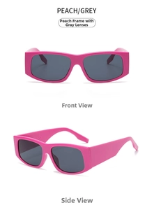 Detail view of bold square pink sunglasses with wide temples and grey lenses