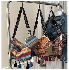 Ethnic bohemian tote bags with geometric patterns and colorful tassel details