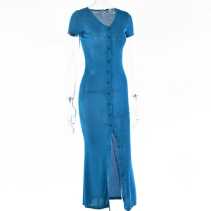 Close-up of blue short-sleeve knit maxi dress featuring V-neck and button-down front detail