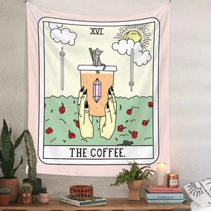 Detail of The Coffee tarot tapestry featuring creative illustrations for room wall decor