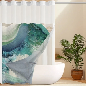 Close-up of artistic ocean wave print shower curtain with durable metal grommets