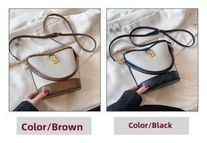 Detail view of canvas and leather bucket bags with gold rotating lock in brown and black