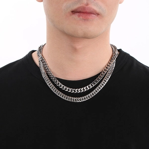 Polished silver stainless steel layered Cuban chain necklace for men hip hop style