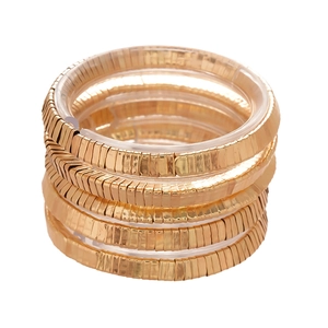 Set of five elegant gold layered stretch bracelets with geometric flat metal segments