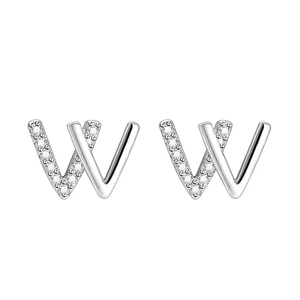 Chic silver W-letter stud earrings with sparkling crystal inlay for women