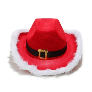 Cappello da Babbo Natale stile cowboy rosso con bordo in finta pelliccia bianca