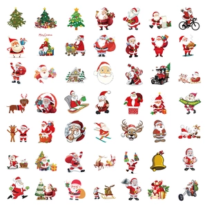 Detailed grid layout of cartoon Christmas stickers including Santa, trees and reindeer