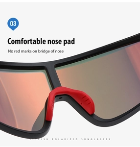 Close-up of comfortable red soft rubber nose pads on polarized sports sunglasses