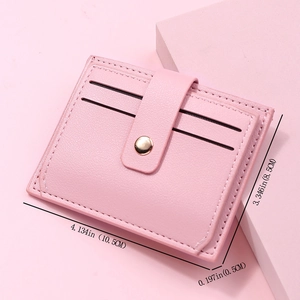 Slim pink PU leather card holder dimensions shown as 10.5cm by 8.5cm with snap closure