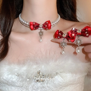 Red Bow Snowflake Artificial Pearl Necklace And Earrings With Silver Earring Post Elegant Christmas Party Accessories For Women