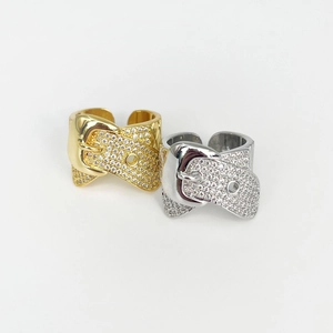 Luxurious gold and silver belt buckle rings with sparkling pavé crystals for couples