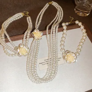 Multi-Layer Faux Artificial Pearl Necklace With Rhinestone Rose Flower Pendant French Retro Elegant Women Clavicle Chain