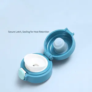 Mini 304 stainless steel thermos with blue one-touch bounce lid and secure locking latch