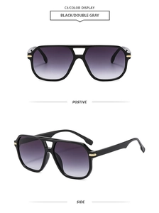 Front and side views of classic pilot sunglasses with double-bridge and gradient grey lenses