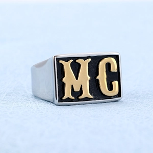Men's stainless steel MC logo biker ring with black rectangle face and gold letters